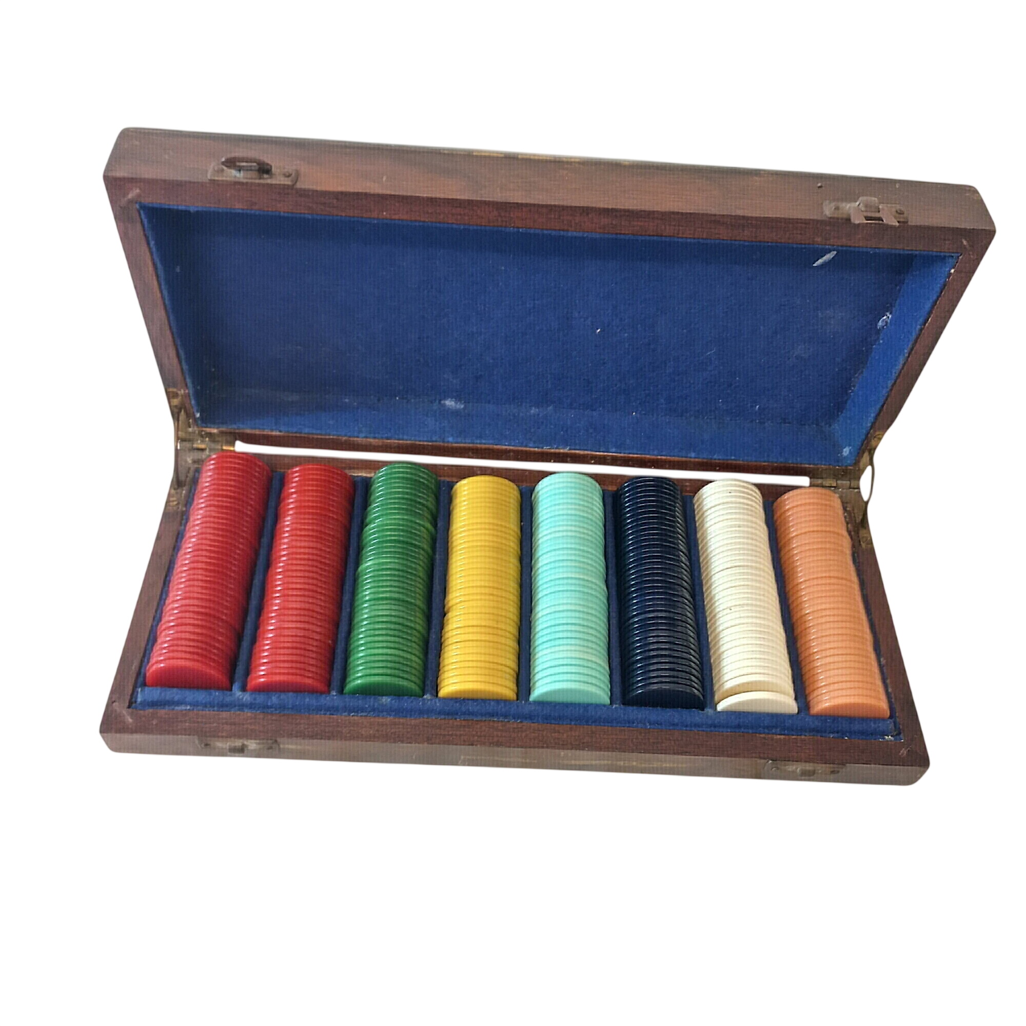 ENSEMBLE DE JETONS DE POKER DE 8 COULEURS DANS LA BOITE(marron) EN BOIS ANCIENNE Bon état -  reconditionné disponible sur Label Emmaüs
